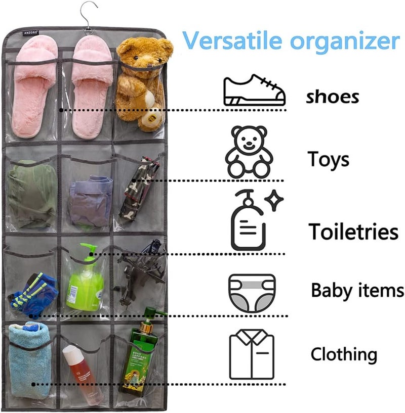 ANZORG Dual Sided Hanging Shoe Organizer for Closet with Rotating Hanger Hanging Shoe Rack Holder with 24 Large Pockets (GREY-Clear Pockets) - Image 2